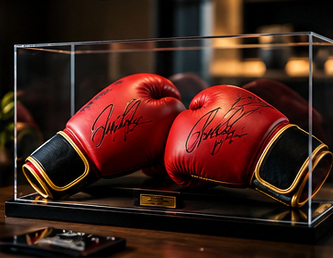 Signed boxing gloves in a clear display case