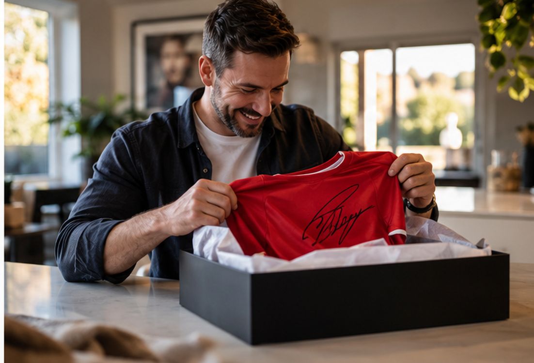 A collector smiling as he unboxes a signed red shirt